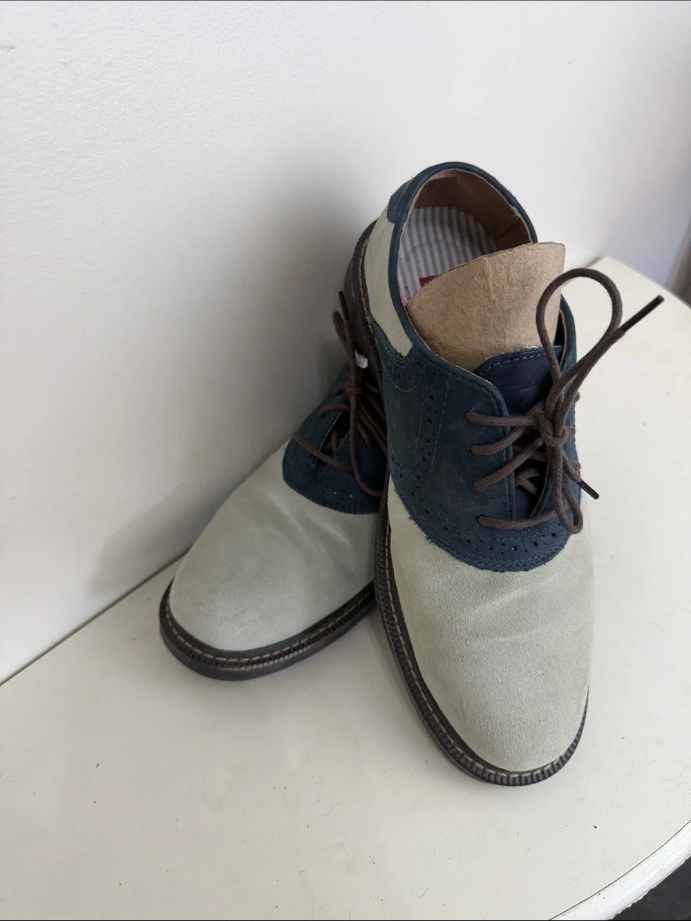(2046) Men's Two-Tone Suede & Leather Oxford Shoes - Navy and Cream, Size: 8.5